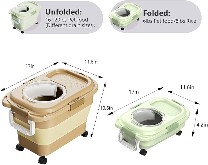 Dog Food Storage Container 2PCS*18LB,Collapsible Dog Food Container with Travel Silicone Bowl and Scoop for Dog/Cat/Bird Food/Cat litter,Keep Dry Food Fresh,Easy to Move.(Green+Brown)