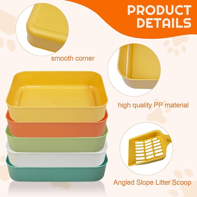 5 Pcs Small Litter Box Set,13.9 x 9.8 x 3 Inch Open Plastic Kitten Litter Pan with 5 Scooper, Low Entry Portable Cat Litter Box Travel Toilet Tray for Small Pet Kitty Bunny Guinea Pig, Easy to Clean