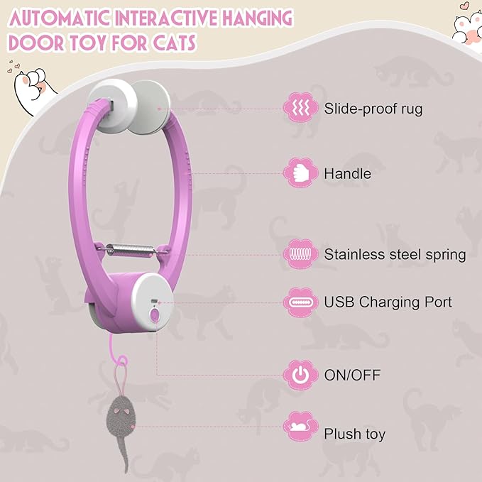 Cat Toy Interactive for Indoor Cats, Smart USB Rechargeable Door Hanging Automatic Retractable Kitten Toys, Teaser Electronic Self Play Feather Cat String Toys Attached with 3 Catnip Mice Pink