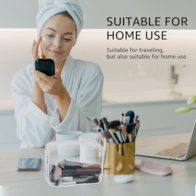 4Pcs Crystal Clear PVC Travel Toiletry Bag Kit for Women Men, Waterproof Vinyl Packing Organizer Storage Bags with Zipper Handle Straps, Cosmetic Pouch Carry on Airport Airline Compliant Bag Handbag