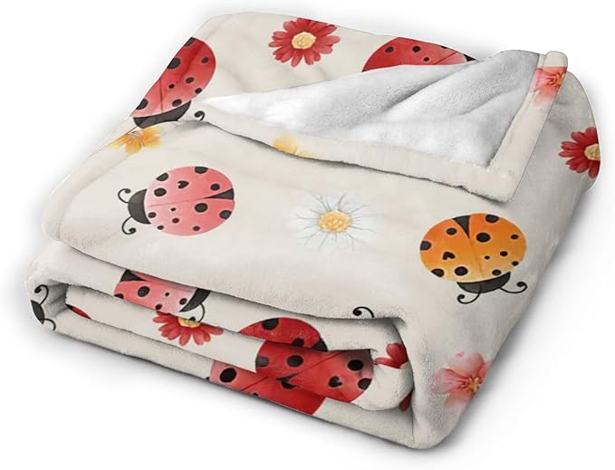 Ladybug Throw Blanket - Cute Decor Stuff Merch, Cozy Print Flannel Fleece, Soft Plush Fuzzy Warm Lightweight Bedding, Gifts for Women Men Girls Kids 50"X40"