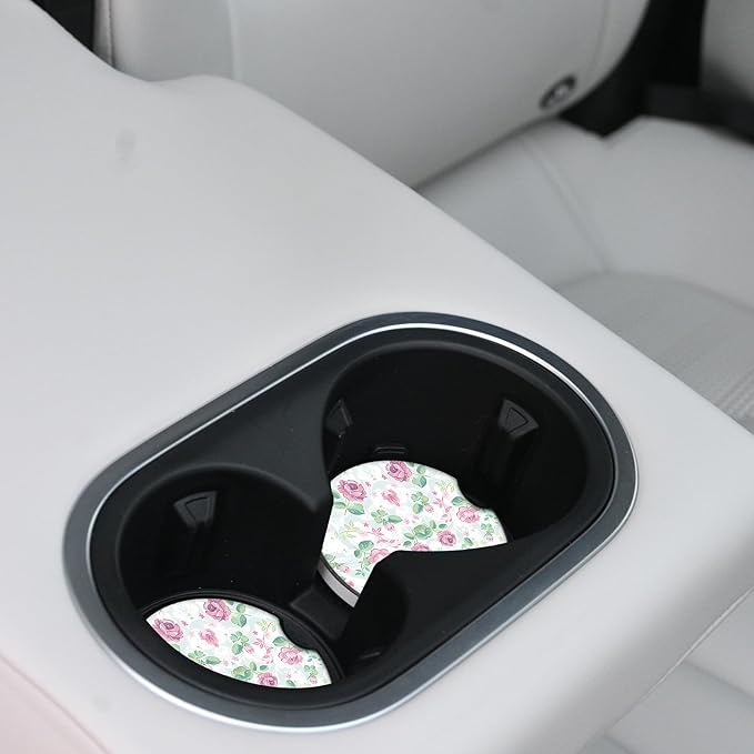 Car Coasters for Drinks Absorbent,2 Pack Cup Holders,2.56" Ceramic Stone & Non-Scratch Cork Base Coasters,Auto Accessories for Women & Men(Pink Flowers).