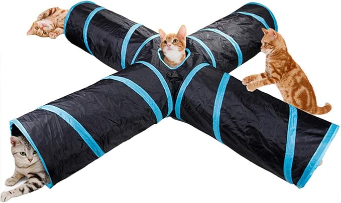 Cat Tunnels Crinkle Play Toys Collapsible Tube with Ball Maze Cat House Pet Interactive for Cat Puppy Kitten Rabbit 4-Way Tunnel