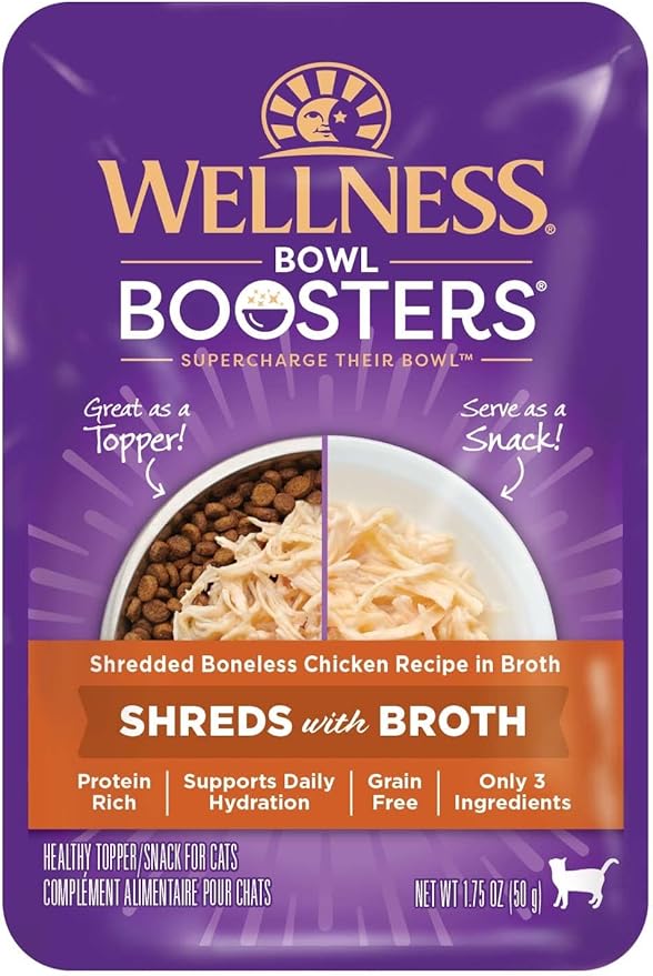 Wellness Bowl Boosters Grain Free Wet Cat Food Topper, Shredded Chicken Recipe in Broth, 1.75 Ounce Pouches (Pack of 12)
