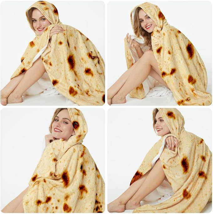 Burrito Tortilla Throw Blanket, 2.0 Double Sided Burritos Taco Tortilla Wrap Blankets for Adults Kids, Giant Funny Realistic Food Blankets, Soft Flannel Round Throw Blanket 71in