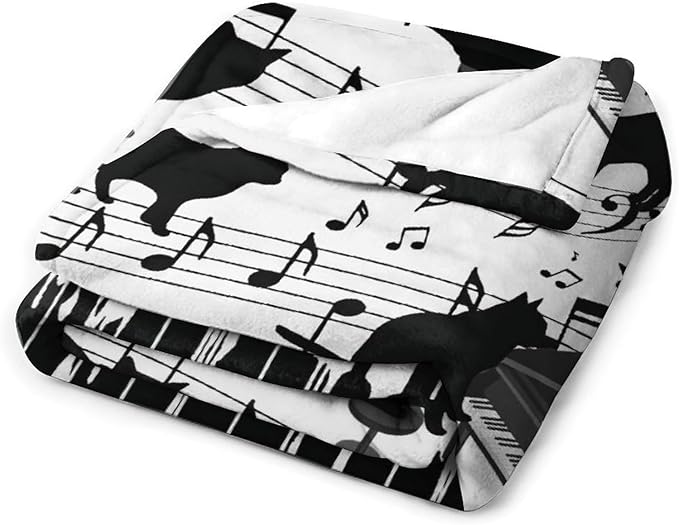 Piano Keys Cat Print Blanket Music Notes Musical Throw Blankets for Couch Sofa Bed Stuff Decor Gifts Soft Cozy Fleece Plush Warm Flannel Bedding for Lover Men Women Girls Boys Teen Adults 40"x50"