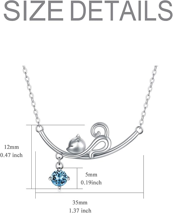 AOBOCO 925 Sterling Silver Lovely Cat Kitten Pendant Necklace with 12 Months Birthstone Crystal from Austria, Christmas Birthday Jewelry Gifts for Cat Lover