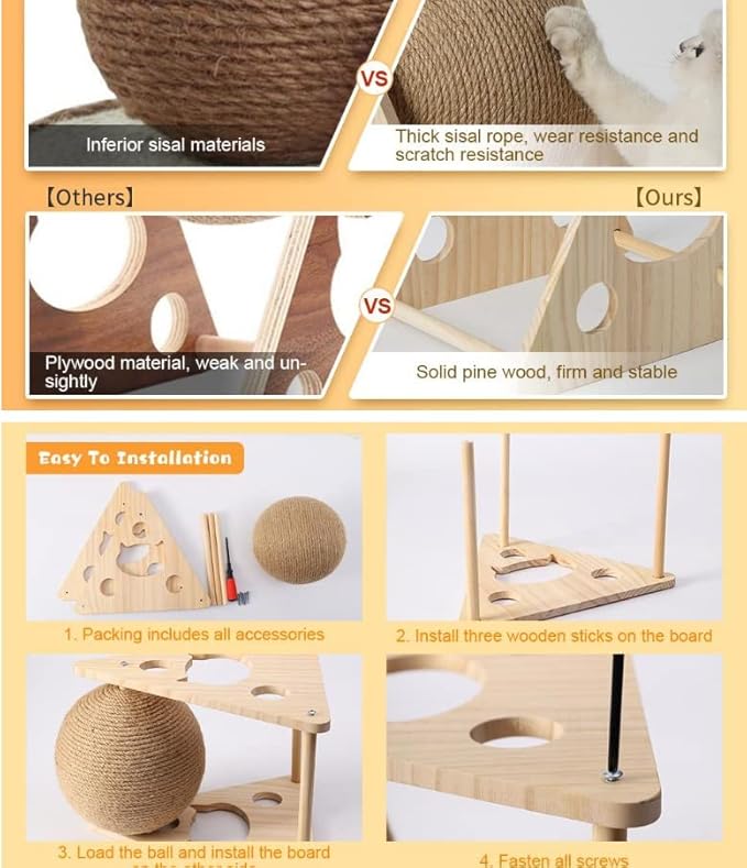 Cat Scratcher Toy,Natural Sisal Rope Cat Scratching Ball Scratcher Toy with Ball for Cats& Kittens&Dogs&Puppy, Interactive Solid Wood Scratcher Pet Toy Suitable for small cats and dogs (Large)