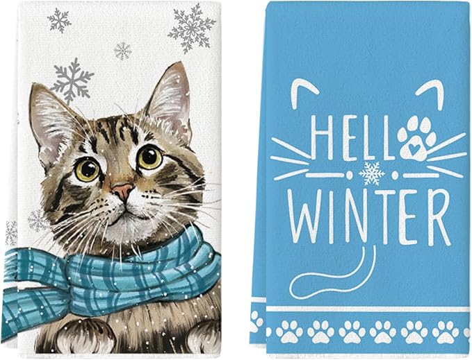 Artoid Mode Blue Cat Hello Winter Kitchen Towels Dish Towels, 18x26 Inch Print Snowflakes Christmas Decoration Hand Towels Set of 2