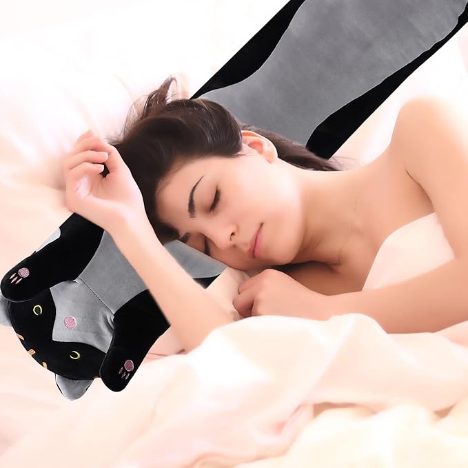 shangman Lovely Plush Cat Doll Cute Cartoon Soft Stuffed Kitten Pillow Long Throw Sleeping Pillow Doll Toy Valentines Day Gift for Kids Girlfriend (Black, 110cm/43.3in)