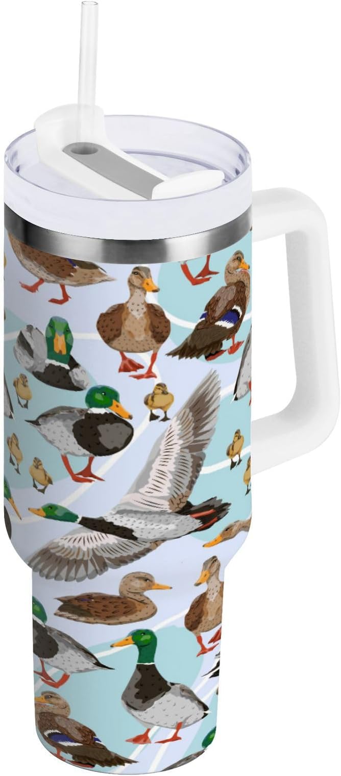 Boccsty Mallard Ducks Insulated Tumblers Reusable Stainless Steel Tumbler 40 oz Cup Coffee Travel Mug Water Bottle with Handle & Flip Straw for Home Office Car