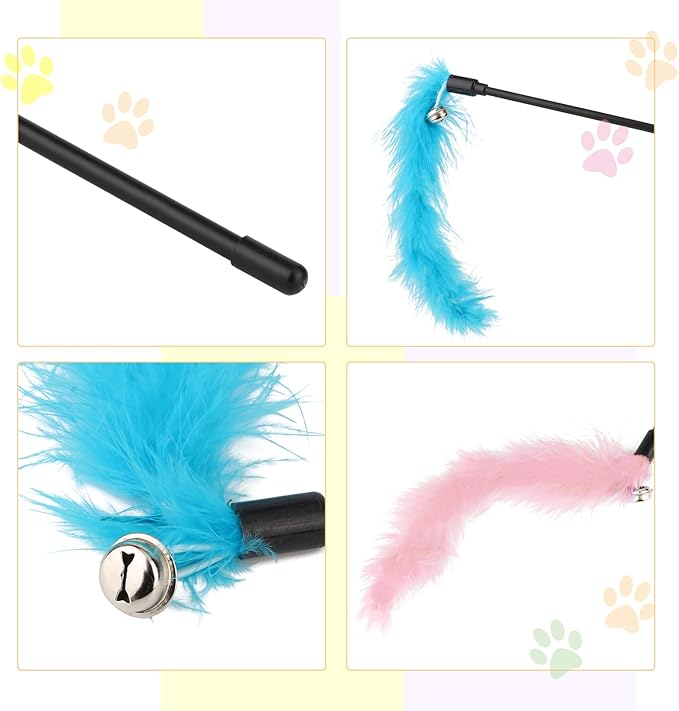 Hypeety Interactive Cat Toys Feather Wand Teaser Cat Wand Feather Rod with Bells for Indoor Cat Kitten Fun Interactive Toys 2pcs (Random Color)