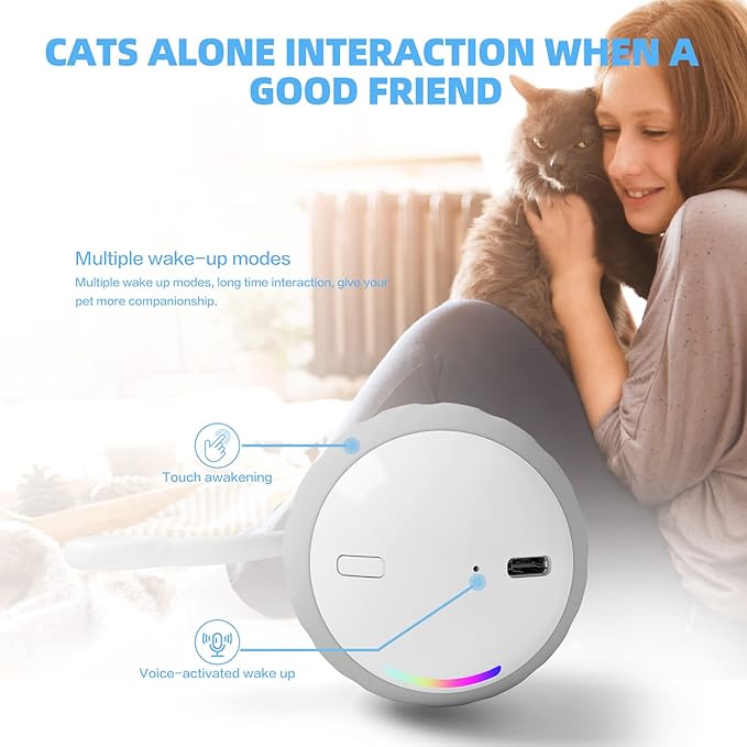 Cat Toys, Turbo Tail Popper Cat Toy 2-Speed Interactive Turbo Tail Mouse Cat Ball Toy Touch Control and Sound Control Smart Start Cat Toy With LED Lights Feathers and USB Type-C Charging Cable