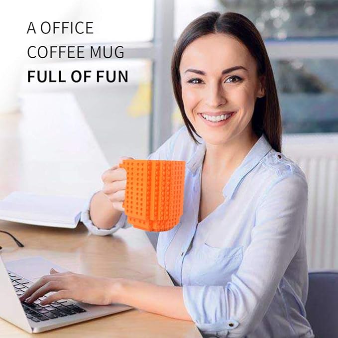 Build-on Brick Coffee Mug Funny DIY Novelty Cup with Building Blocks Creative Gift for Kids Men Women Birthday (Orange)