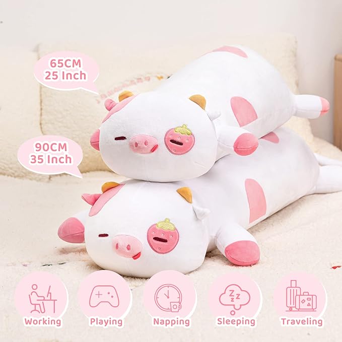 Strawberry Cow Plush Body Pillow, 25" Kawaii Cow Stuffed Animals Squishy Pillow, Cute Plushies Cuddle Pillow for Kids, Long Plush Cow Pillow Toys, Birthday Gifts for Women, Girls and Males