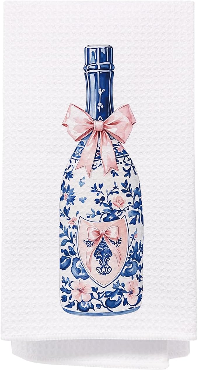 SPBL&L Chinoiserie Decor Kitchen Towels, Blue and White Chinoiserie Champagne Pink Bow Hand Towels for Bathroom, Grandmillenial Decor Dish Towels Tea Towels for Kitchen, 16x24 Inches