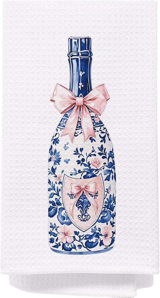 SPBL&L Chinoiserie Decor Kitchen Towels, Blue and White Chinoiserie Champagne Pink Bow Hand Towels for Bathroom, Grandmillenial Decor Dish Towels Tea Towels for Kitchen, 16x24 Inches