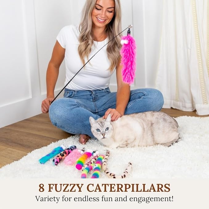 Cat Toy Wand Cat Toys Set Cat Fishing Pole Toy Retractable Interactive Kitten Toys Fishing Rod Cat Toy Cat Teaser Wand Cat Wand Toys For Incdoor Cats Cat Worm toy Fuzzy Worm Kitten Toys Interactive