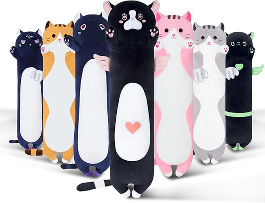 Long Cat Plush Body Pillow, Cute Cat Plush Toy Pillows with Wings, Stuffed Animals Kitten Soft Plushies Gifts for Kids Girls Girlfriend(AngelCat Pink, 27.6in/70cm)