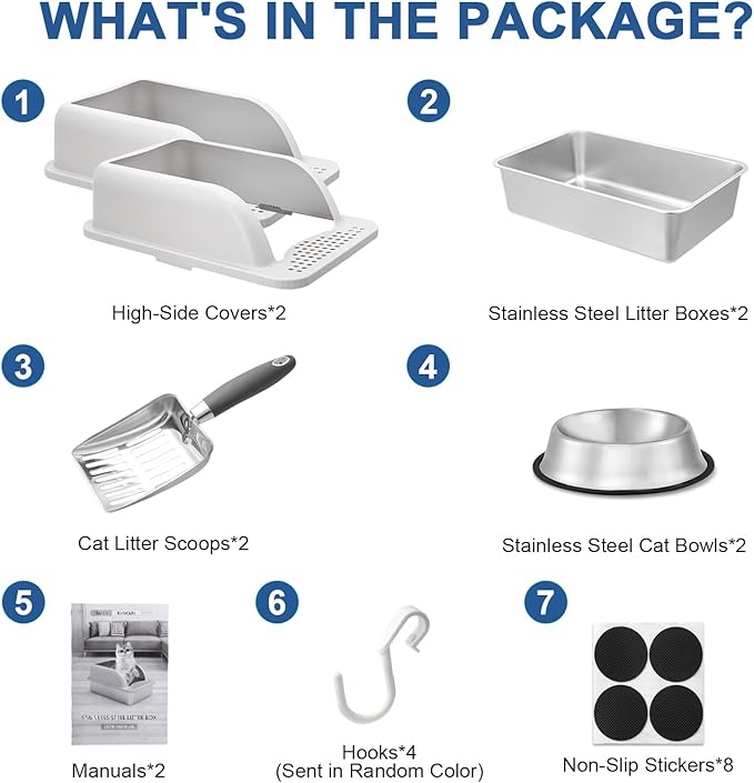2 Pack Extra Large Stainless Steel Cat Litter Boxes, High Sides Metal Cat Litter Box for Multi-Cats Big Cats XL Metal Litter Pan Tray, Non-Sticky, Easy Cleaning（Gray）