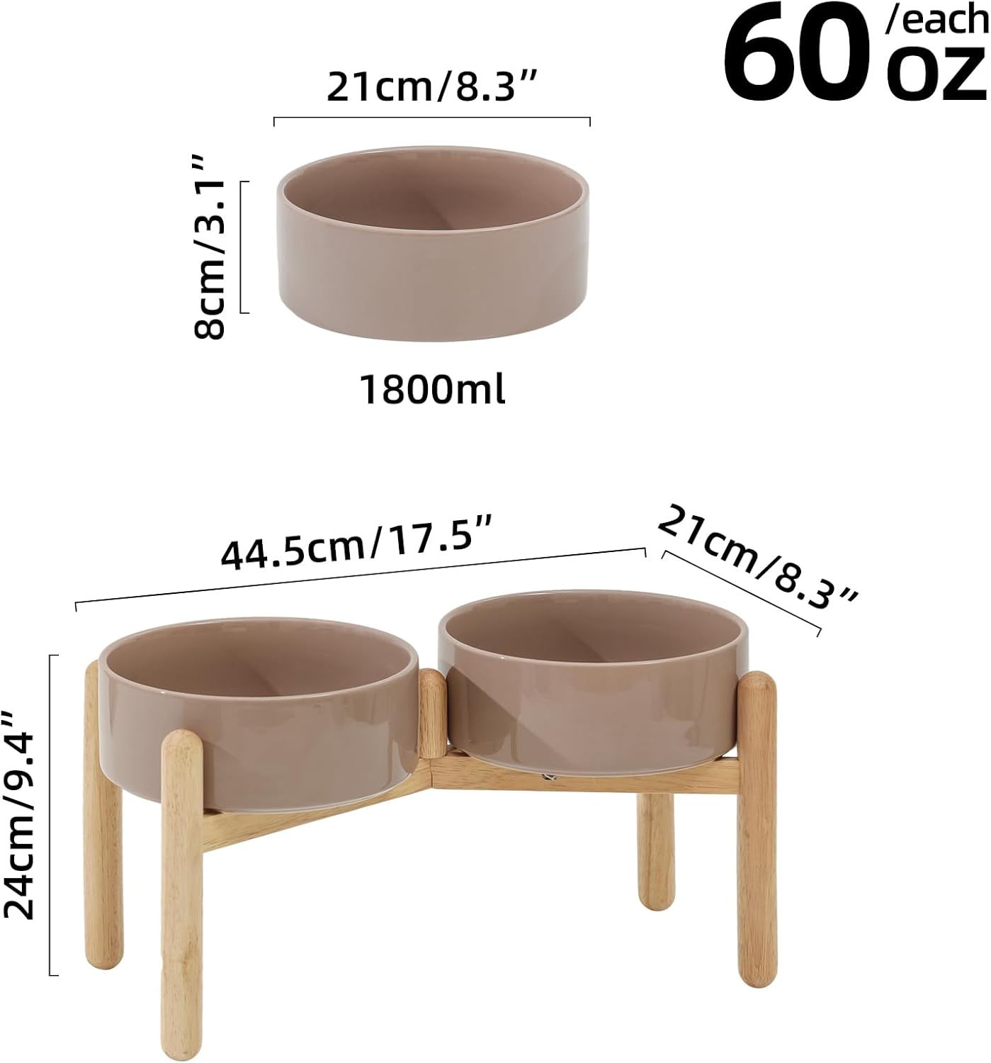 Ceramic 8.2inch Raised Dog Bowl with Stand for Large- Breed Dogs, Pet Food and Water Feeder (Double Bowl with Stand - Brown Coffee)