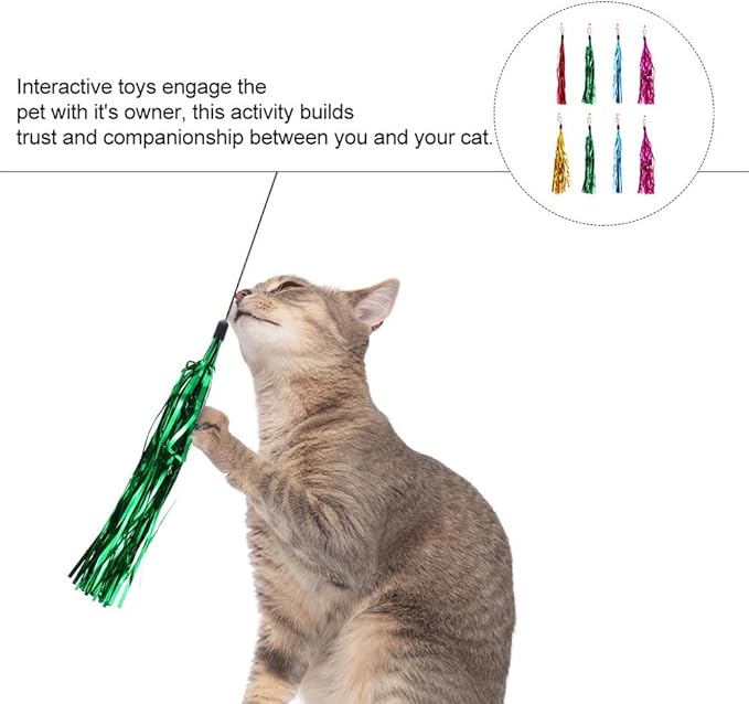 LUOZZY 16 Pcs Cat Teaser Wand Metallic Foil Tassel Cat Wand Toy Replacement with Bell Interactive Catcher Teaser for Pet, Random Color