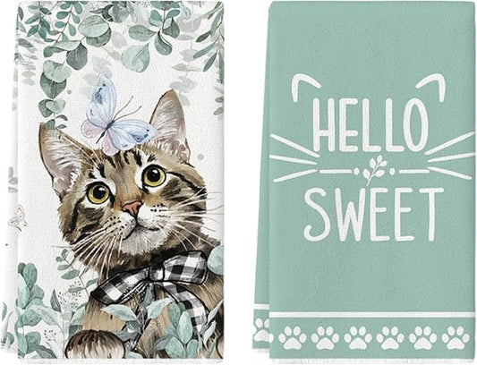 Artoid Mode Eucalyptus Leaves Cat Hello Sweet Kitchen Towels Dish Towels, 18x26 Inch Buffalo Plaid Bow Tie Holiday Decoration Hand Towels Set of 2