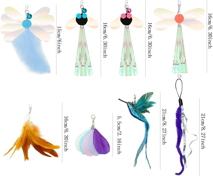 8 Pieces Cat Insect Feather Toys Replacement Cat Toy Wand Refills Interactive Cat Teaser Wand Attachments with Bell for Cat Toys