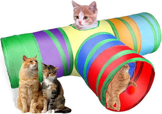 Cat Tunnel, Collapsible Tube with 1 Play Ball Kitty Toys, 3 Ways Cat Tunnels for Indoor Cats, Puppy, Kitty, Kitten, Rabbit (Rainbow)
