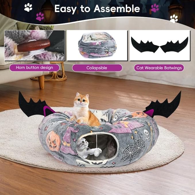 Halloween Cat Tunnel Bed, Cat Tunnels for Indoor Cats Large with Bat Wings, Foldable Cat Donut Tunnel with Soft Mat and Dangling Balls, Cat Play Tunnel Toy with Ghost, Spider Web Pattern Decorations