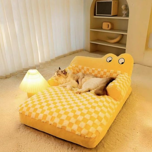 Pet Couch Bed，Pet Bed for Medium Small Cats & Dogs，Fluffy Cat Sofa with Premium Soft Corduroy Fleece，Soft Calming Cat Sofa Beds for Cats Anti-Slip Bottom and Removable Washable Cover (yellow, Small)
