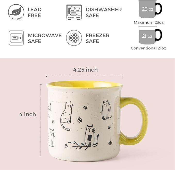 AmorArc 22 OZ Large Ceramic Coffee Mugs Set of 2, Oversized Mugs With Big Handle for Men Women Dad Mom, Big Mug With Textured Dogs Cats Patterns for Office & Home -Microwave Safe, 2 Pcs-Yellow