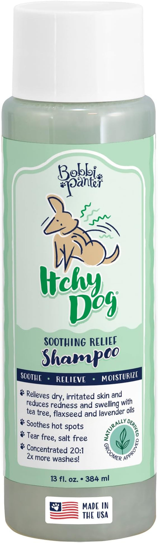 Bobbi Panter Itchy Dog Shampoo for Soothing Skin Relief, Naturally Derived Ingredients, Tear-Free, Salt-Free, Paraben-Free, pH-Balanced, 20:1 Concentrated Formula, Green Apple Scent, 13 Oz.