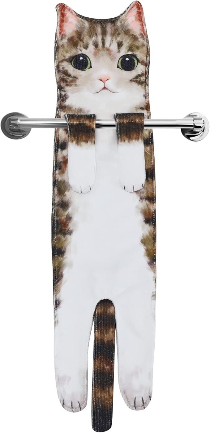 Cat Hand Towels for Kitchen Bathroom - Cute Cat Decor Gadgets - Hanging Soft Absorbent Hand Face Towel - Funny Birthday Housewarming Holiday Unique Gifts for All Women Mom Lady Cat Lovers - Tabby