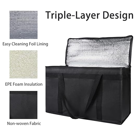 Bodaon 2-Pack Insulated Food Delivery Bag, XX-Large Reusable Grocery Shopping Bag, Frozen Food Cold, Cooler Bags with Zippered Top, Black