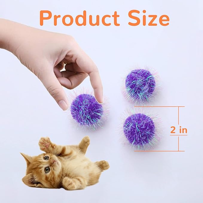Cat Toy Balls 2 Inch Pom Pom Sparkle Ball Cat’s Favorite Toys Assorted Color Tinsel Glitter Fuzzy Balls 16 Pcs