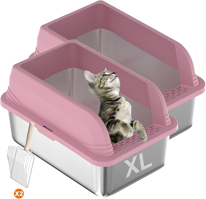 2 PCs Stainless Steel Cat Litter Box with Lid, Extra Large High Side Litter Box, Enclosed Litter Box for Small Cats, Non-Leaking, Easy to Clean, Anti-Leakage(Pink)