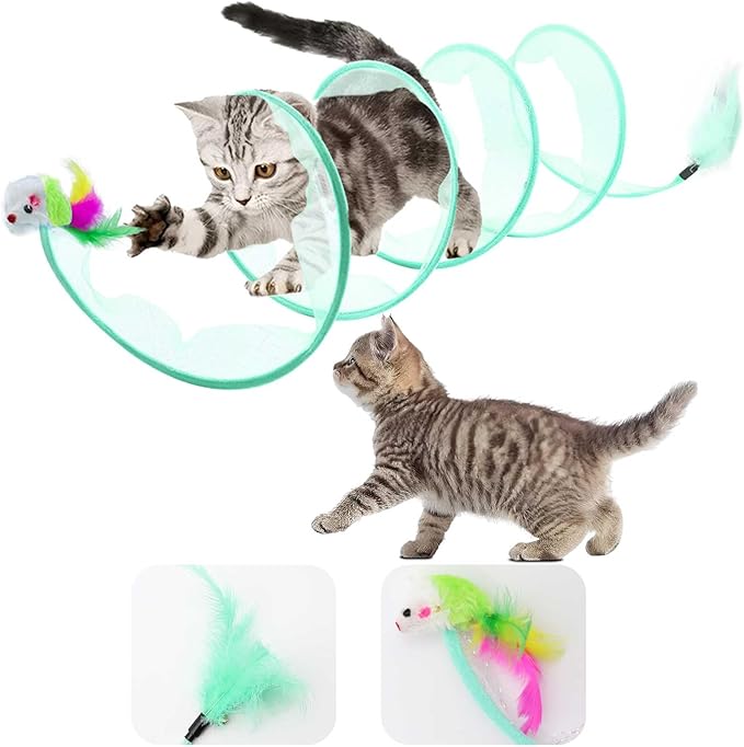 Cat Tunnel, 1PCS Folded Cat Tunnel Toy, Yellow Kitten Tube Cat Springs for Indoor with Feather, Mouse Toys Interactive Cat Toy Tunnel Self-Happy Cat Toys, S-Type Collapsible Tent Cyan