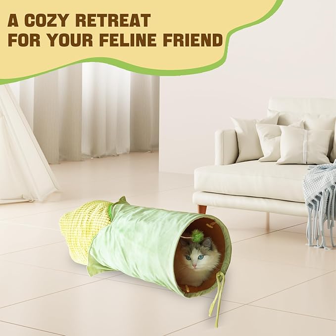 Cat Tunnel for Indoor Cat, Plush Cover Corn-Shaped Cat Tunnel Bed with Plush Cover, Length 33.5 Inch and Diameter 10.6 Inch, Suit for Kittens, Rabbits, Ferrets and Puppy