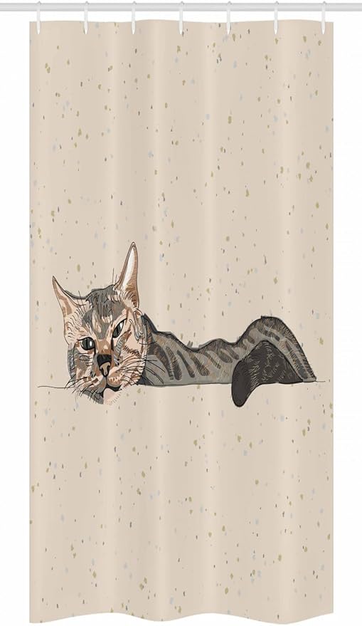Ambesonne Cat Stall Shower Curtain, Lazy Sleepy Cat in Earth Tones Furry Mascot Indoor Pet Art Illustration, Fabric Bathroom Decor Set with Hooks, 36" W x 72" L, Grey Beige