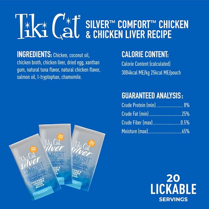 Tiki Cat Silver Comfort Mousse, Chicken & Chicken Liver, High-Calorie Formulated for Older Cats Aged 11+, Senior Wet Cat Food, 5.6 oz Pouch (20 Individual Servings) (Pack of 8)