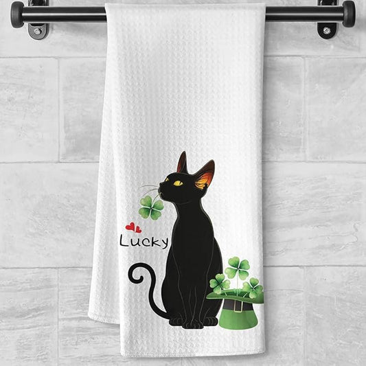 Black Cat Gifts,Shamrock St. Patrick's Day Cat Dish Towels,Cat Kitchen Towels,Cat Hand Towel,Cat Mom Gifts,Gifts for Cat Lovers for Women,Cat Lady Gifts,Crazy Cat Lady Gifts,Black Cat Gifts for Women
