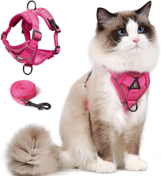 Cat Harness and Leash Set, Upgraded Escape Proof Adjustable Kitten Vest with Lead for Small Cat Outdoor Walking, Soft Breathable Mesh Jacket with Reflective Strips for Dark Night (S, Rose Pink)