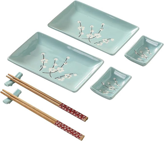 8 pcs Japanese Sushi Plate Sets Serving Platters and Trays for Entertaining Sushi Dishes Set Plates Sushi Plates Traditional Cuisine Dinnerware Sets with Chopsticks Blue Plum