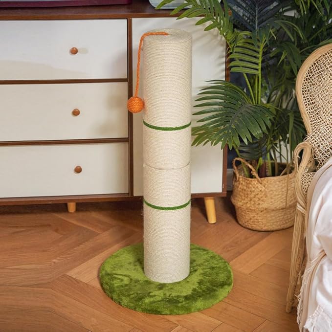 Nekosan Cat Scratching Post, 32 Inch Tall Scratching Post for Indoor Cats, 5.5 Inch Large Sisal Cat Scratcher Post, Cute Cat Scratcher with Interactive Cat Ball Toy, Protect Your Furniture, Beige