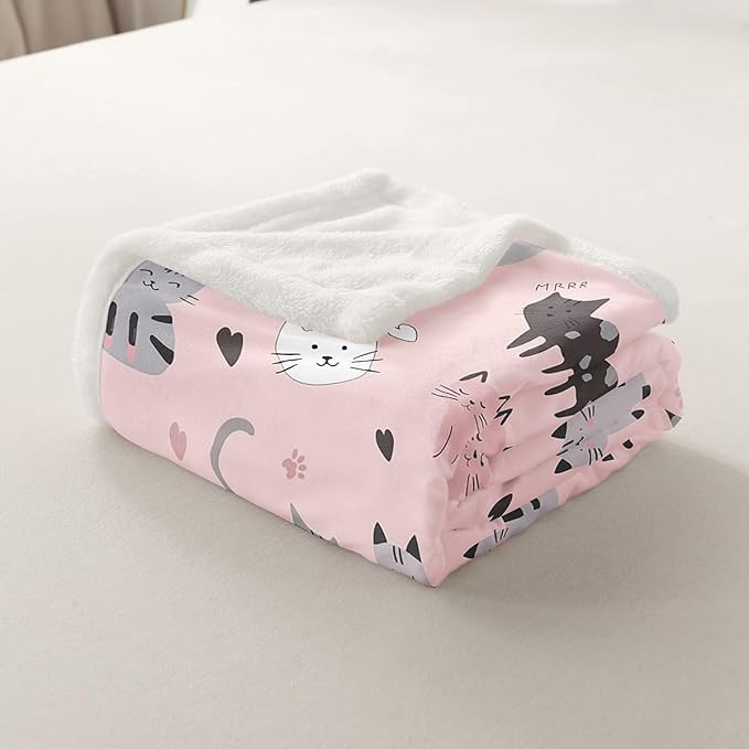 Erosebridal Black & Grey Striped Kitten Throw Blanket for Kids - Kawaii Cute Fleece Throw with Heart Print & Sherpa - Girls Pink Leopard Print Fuzzy Blanket