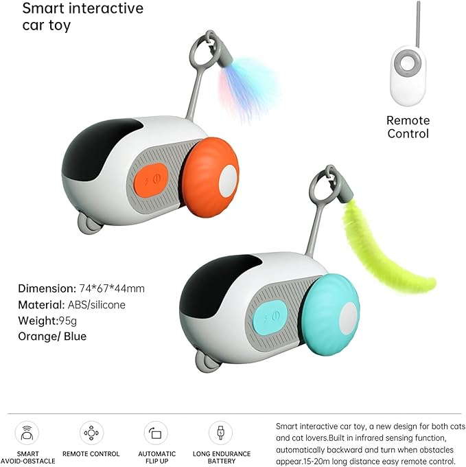 Turbo Tail 2.0 Cat Toy with 2-Speed Adjustment, Remote Control Mouse Cat Toy, USB Rechargeable Feature, Remote Control Cat Toy with Feathers, Interactive Cat Toys for Indoor Cats (Orange)