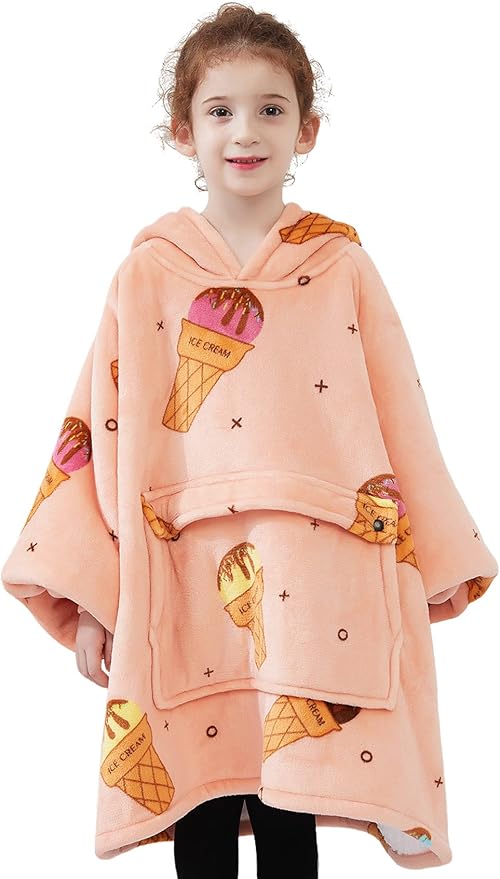 KFUBUO Wearable Blanket Hoodie for Kids Sherpa Patterns Oversized Sweatshirt Blanket With Pocket 6-10 Year Old Girl Birthday Gifts Ice Cream