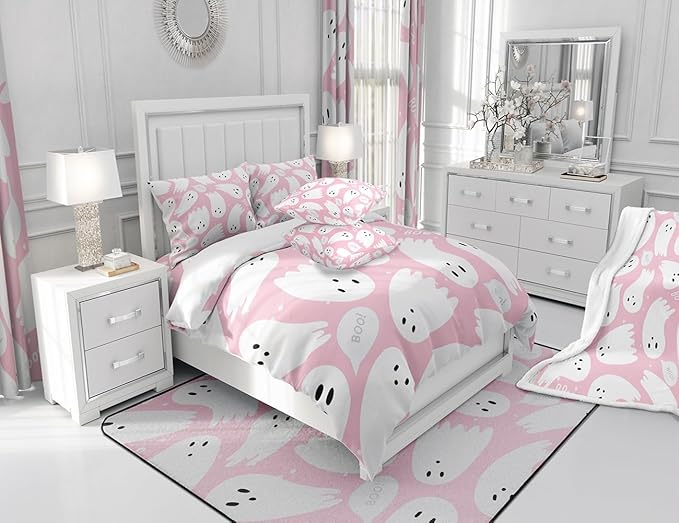 Pink Halloween Sherpa Blanket Queen 90"x90" Cartoon Pink Ghost Fleece Throw Blanket for Bed Sofa Couch Kids Kawaii Cute Plush Blanket Pink Fuzzy Blanket Bedroom Flannal Blanket