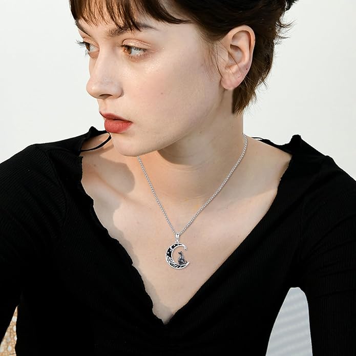 Aniu S925 Sterling Silver Cat Necklace for Women - Moon Pendant Jewelry, Gifts for Cat Lovers